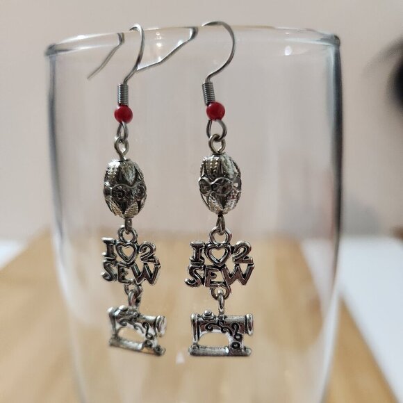 Hand Crafted Earrings with Sewing Machine Charm Rhinestone Silver Red Dangle - Picture 3 of 4